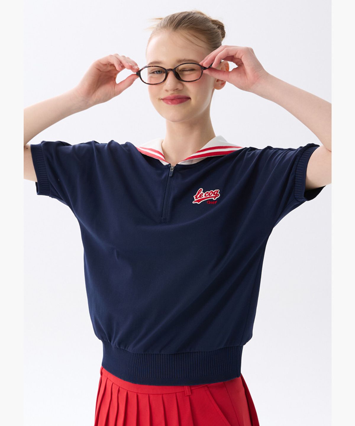 르꼬끄 골프(LECOQ GOLF) 여성 마린 세일러 반팔 티셔츠 _NAVY GR122LTS33