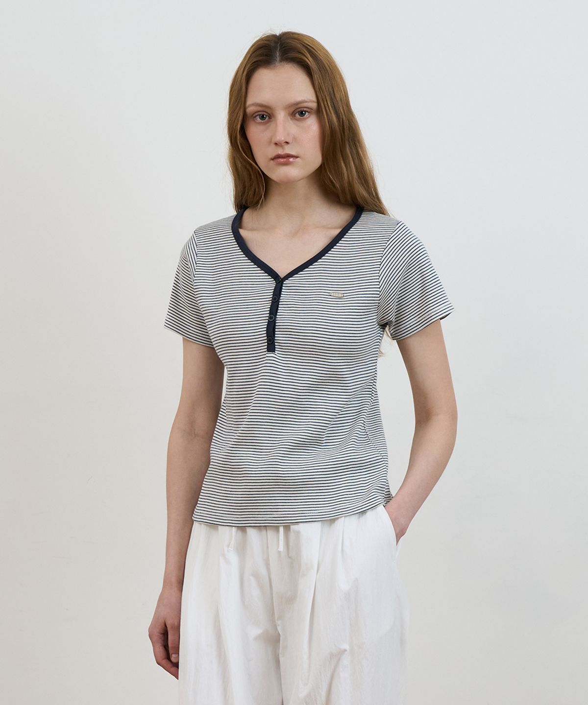 드헤베(DEHEVE) Stripe Henley Neck T-shirt [Ivory]
