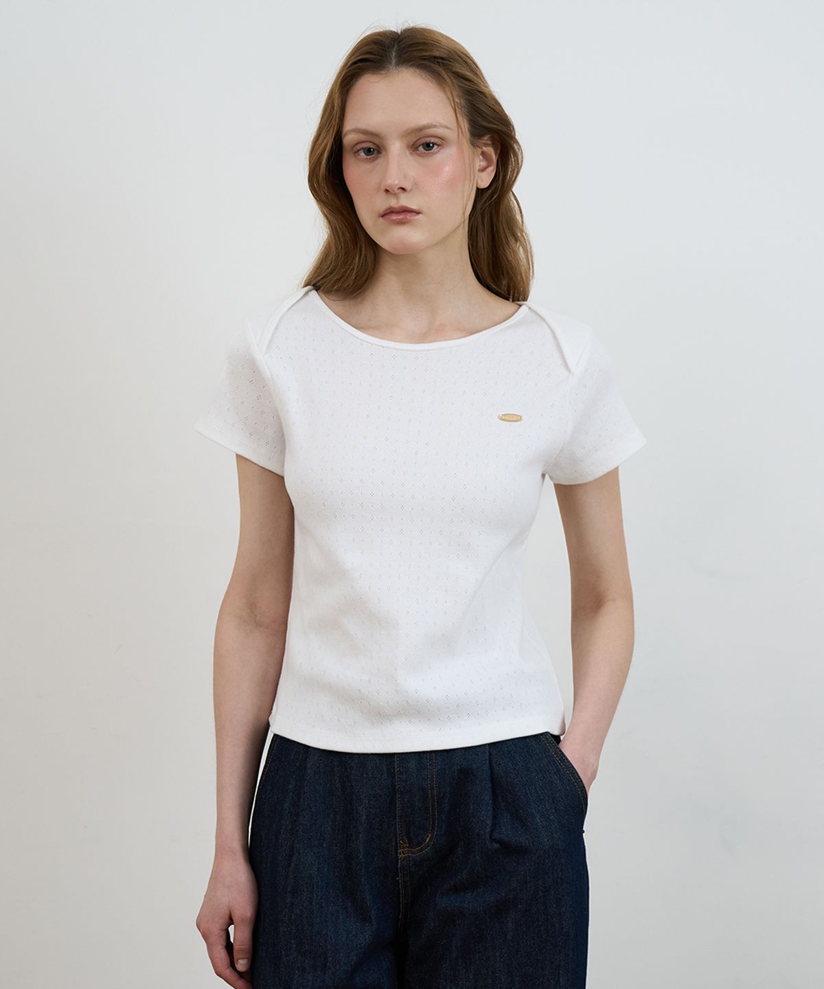 드헤베(DEHEVE) Punching Boat Neck T-shirt [Ivory]