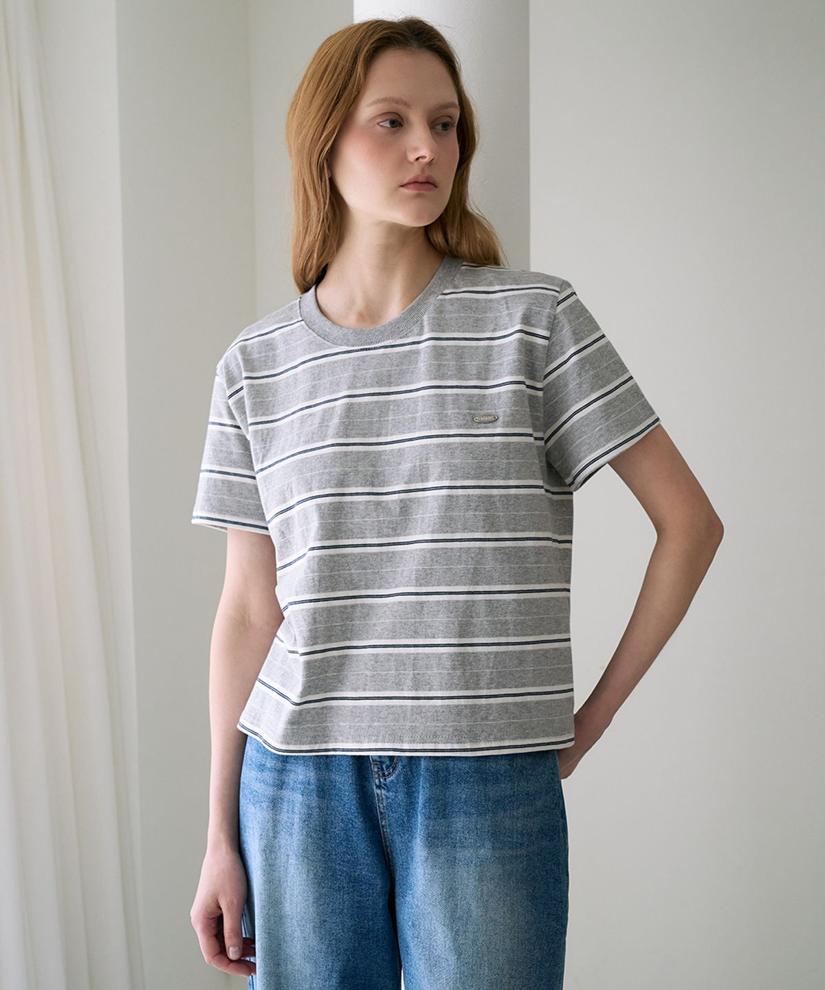 드헤베(DEHEVE) Minimal Logo Stripe T-shirt [Gray]
