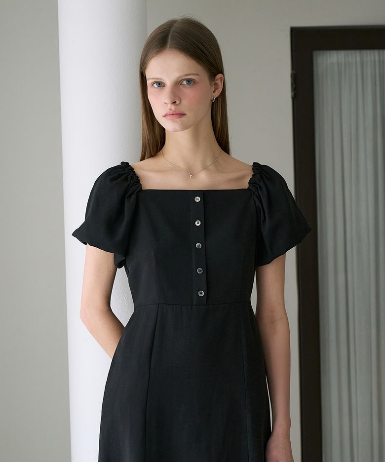 Square Neck Puff Dress [Black]