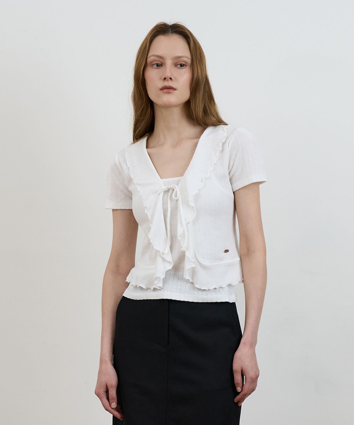 드헤베(DEHEVE) Frill Ribbon Cardigan Set [Ivory]