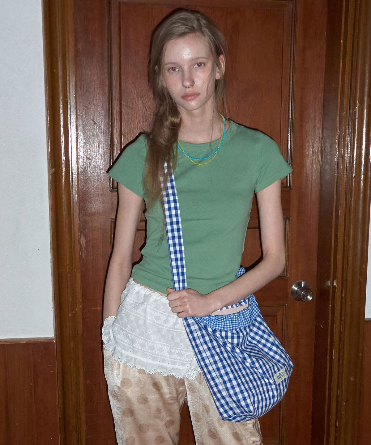 메종크렘(MAISON CREME) Check frill reversible bag _ Gingham blue