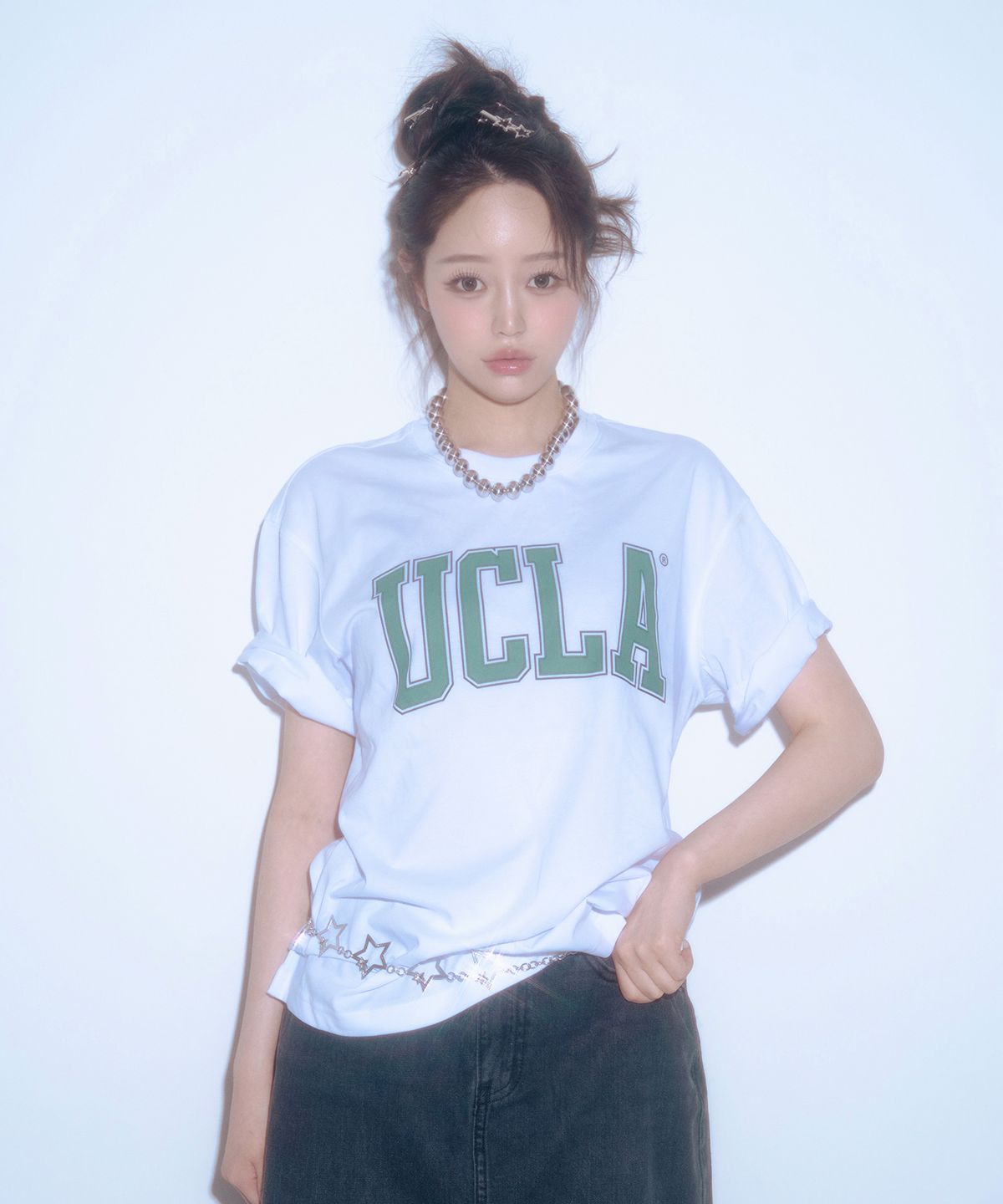 유씨엘에이(UCLA) 남녀공용 UCLA 더블 라인 아치 로고 티셔츠[WHITE](UC6STA1)