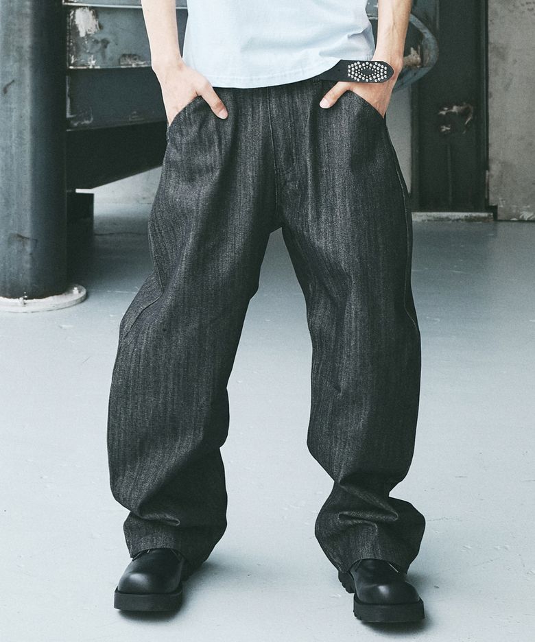 CURVED WIDE COTTON DENIM PANTS_BLACK