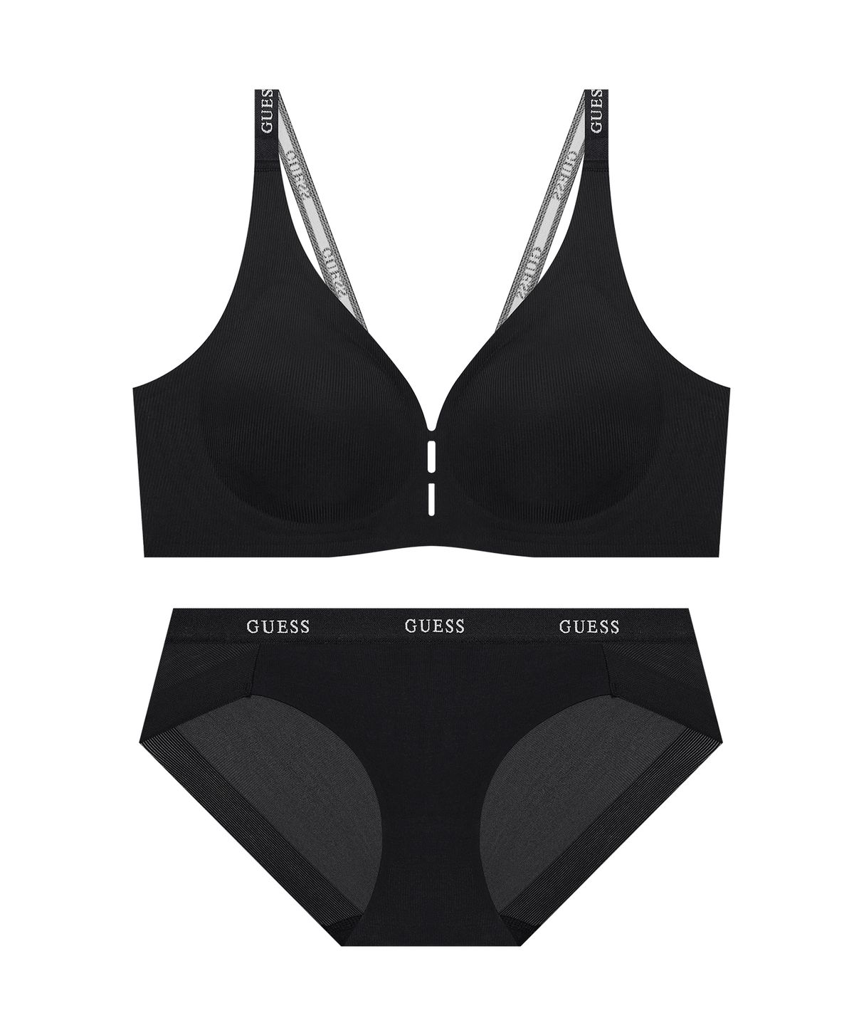 게스언더웨어(GUESS UNDERWEAR) 리니어 포인트 프리컷 브라 팬티 세트 - 블랙