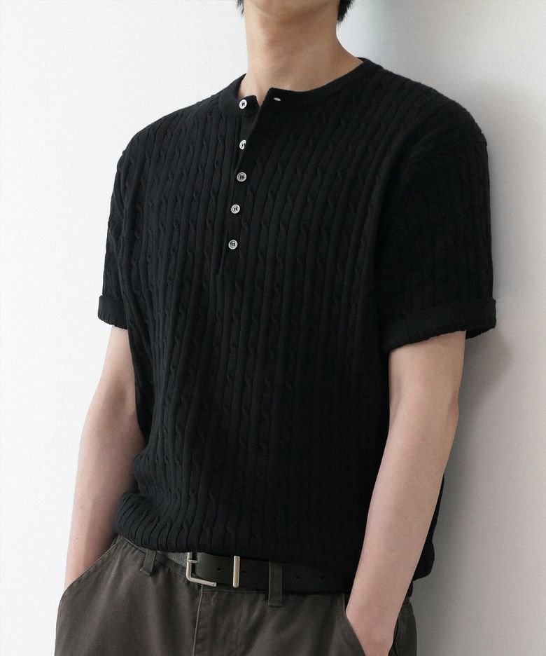 CABANA CABLE HENLEY NECK HALF KNIT [BLACK]