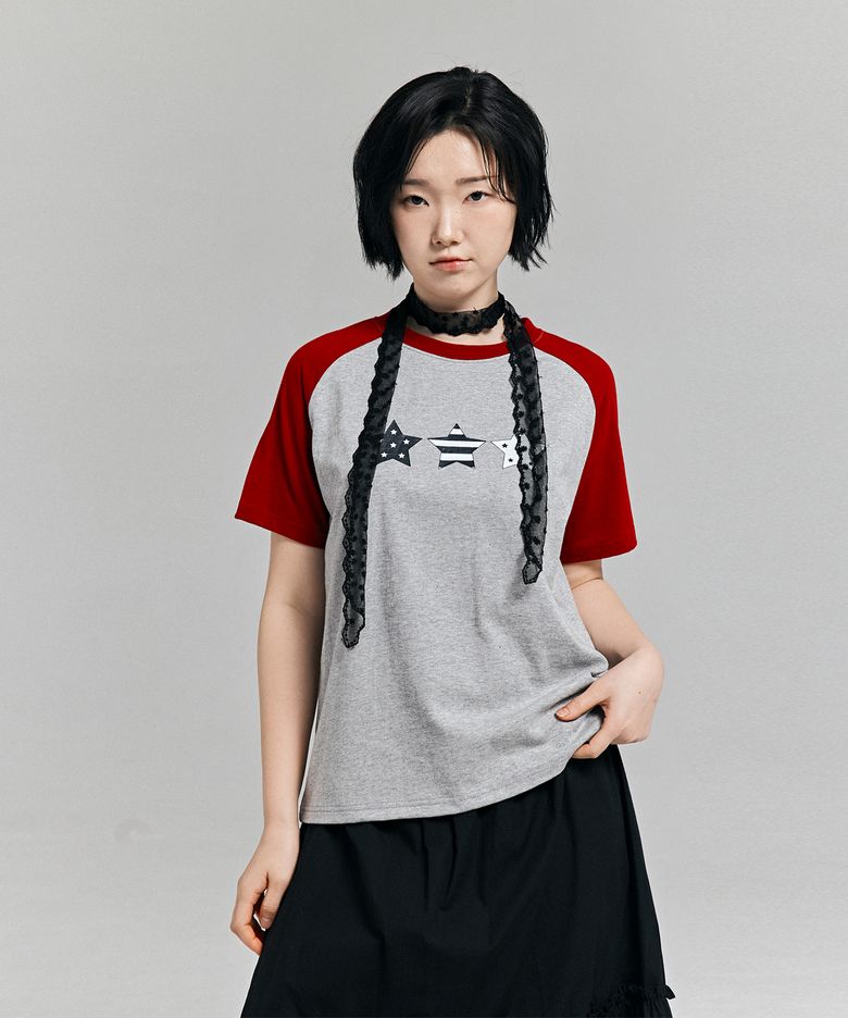 Y2K 스타 그래픽 배색 반팔티 멜란지그레이