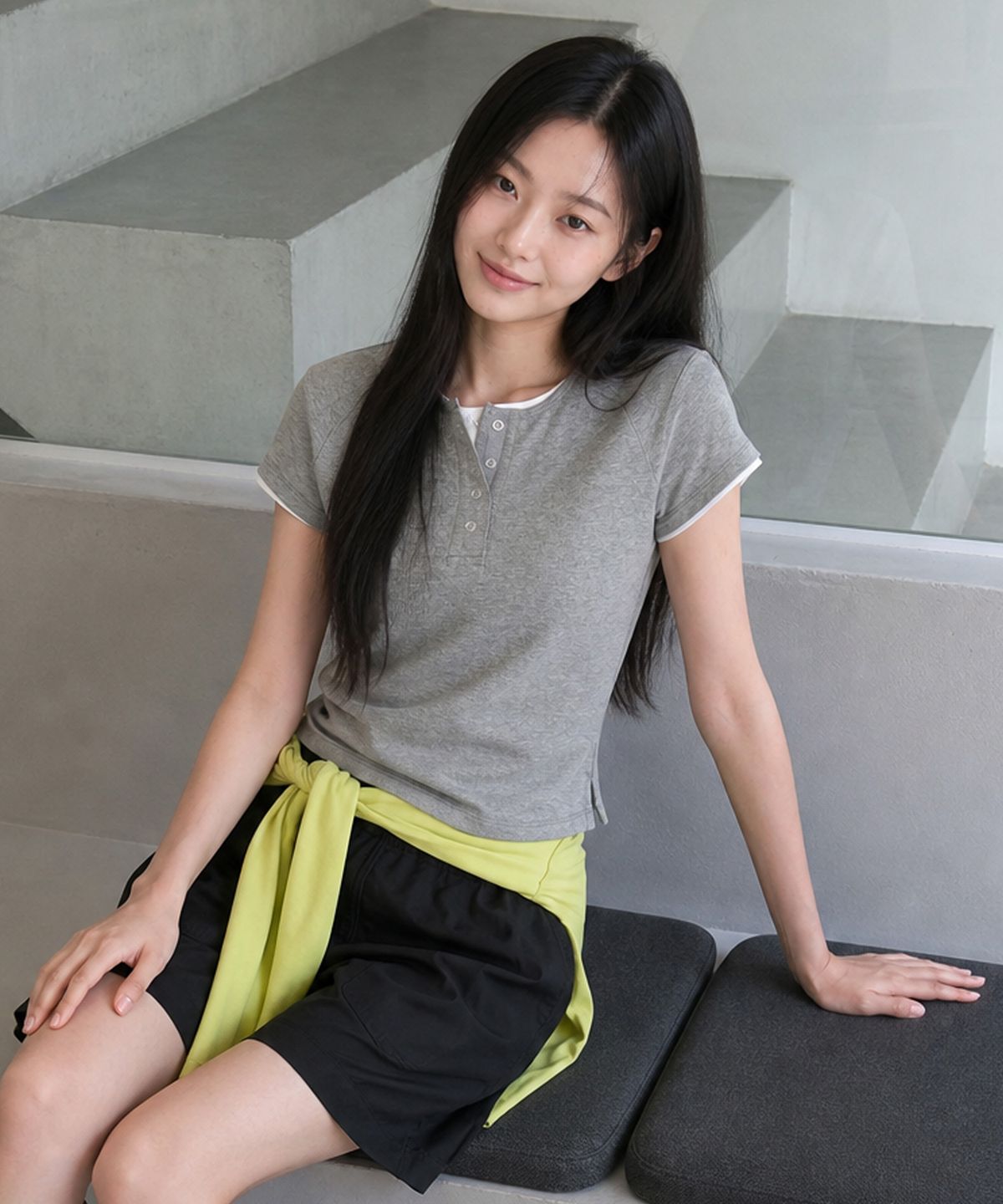 제너럴아이디어(GENERALIDEA) 스냅 헨리넥 티셔츠 [MELANGE GREY] / GF2LTS528