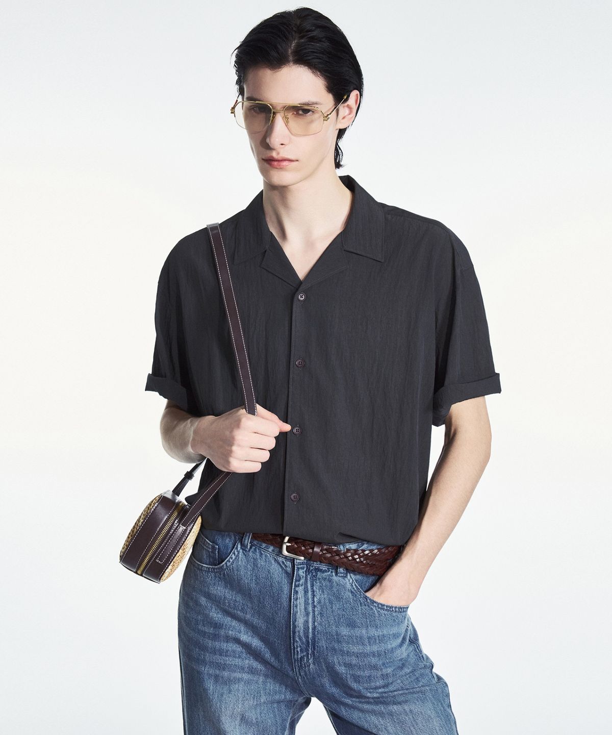 티엔지티(TNGT) Wrinkled Open Collar Shirt (Greyish Khaki) TNSH6E200K2