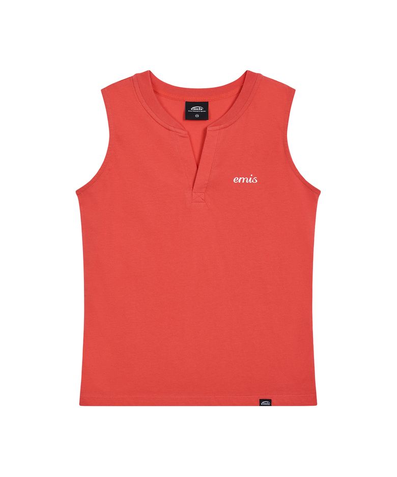 (W) HENLEY NECK SLEEVELESS TOP-RED
