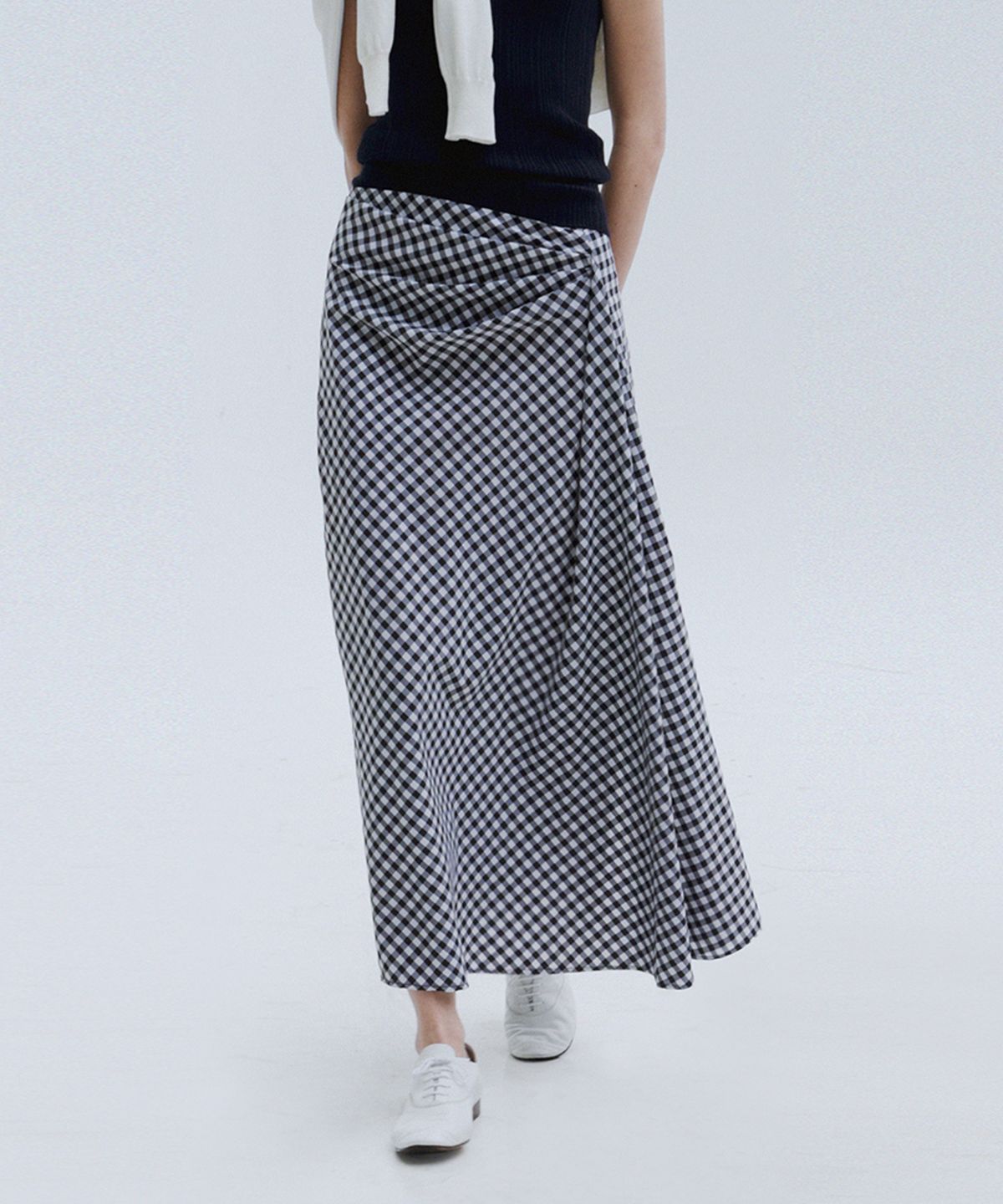 퀸스래빗(Q'SRB) Gingham Check Draped Slit Skirt_2colors