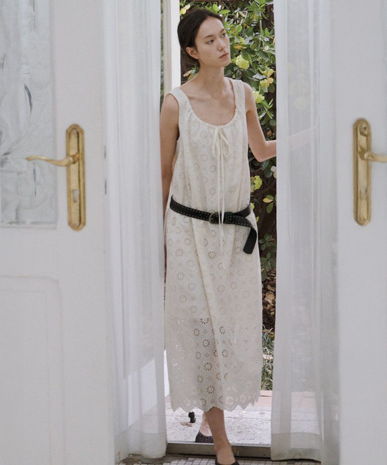 Eyelet Lace Drawstring Long Dress