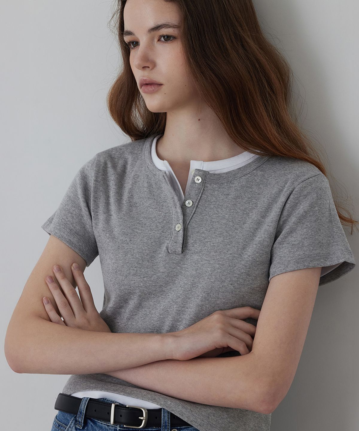 퀸스래빗(Q'SRB) Slim Ribbed Short Sleeve Henley T-Shirt_4colors