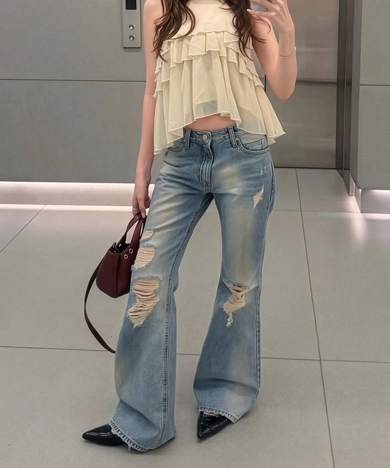Bootcut Destroyed Denim Pants Blue