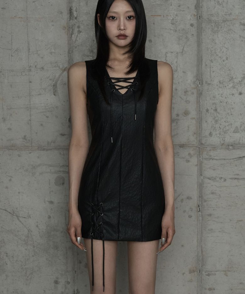 Corset Panel Leather One-Piece (Black)