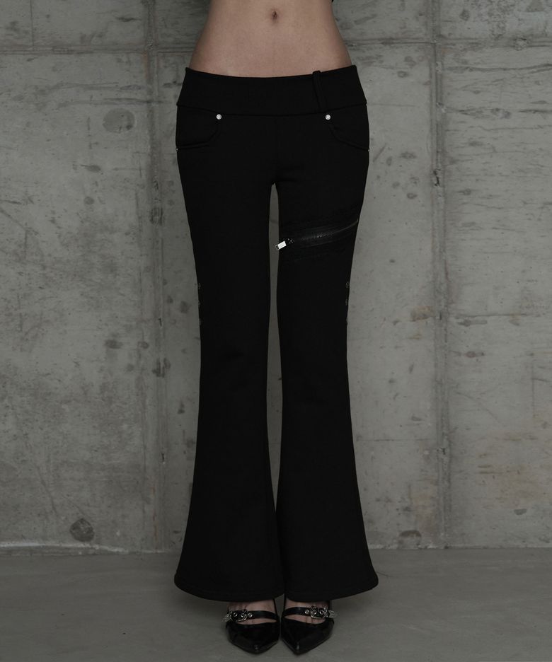 Lace Zipper Layer Bootcut Pants (Black)