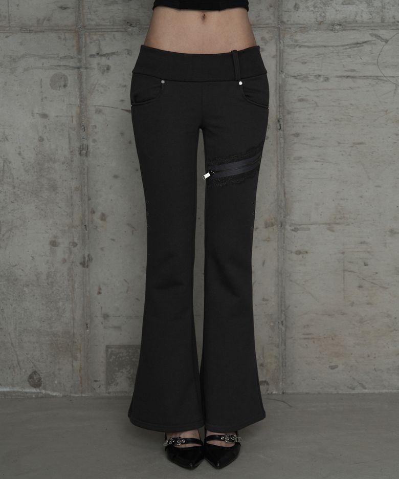 Lace Zipper Layer Bootcut Pants (Dark Gray)