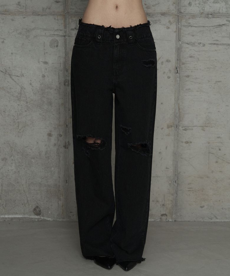 Wide Front Damage Denim Pants (Black)