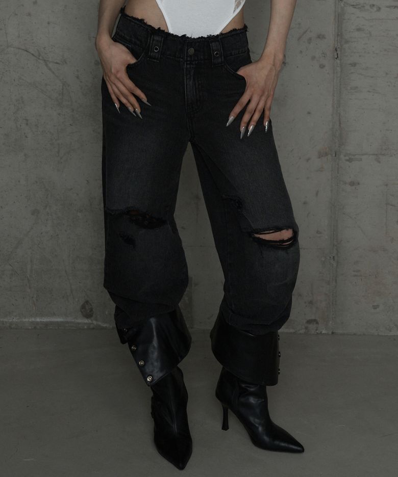 Wide Front Damage Denim Pants (Dark Gray)