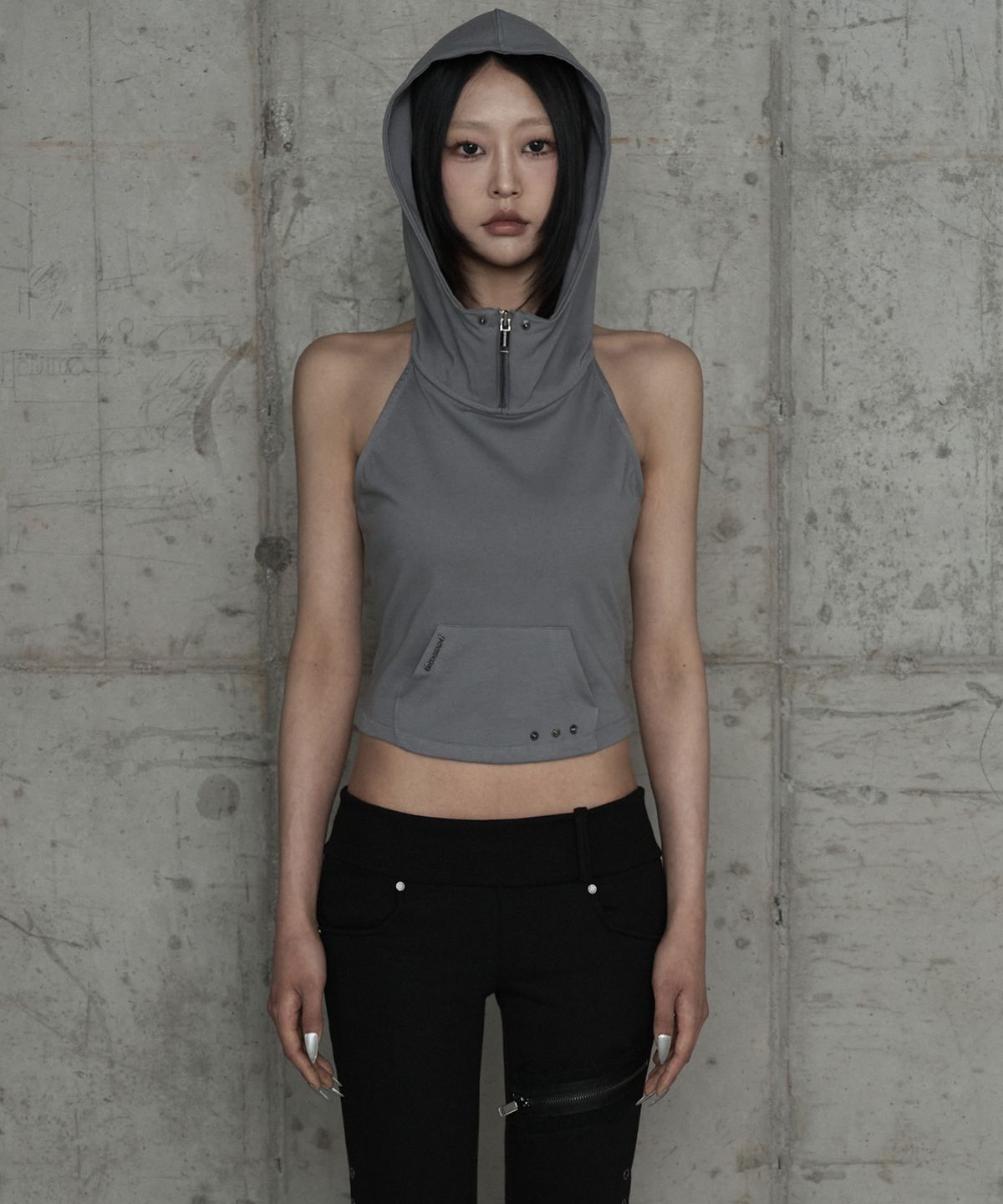 에트오소메(ETRE AU SOMMET) Zipper Halter Turtleneck Point Pocket Hoodie (Gray)