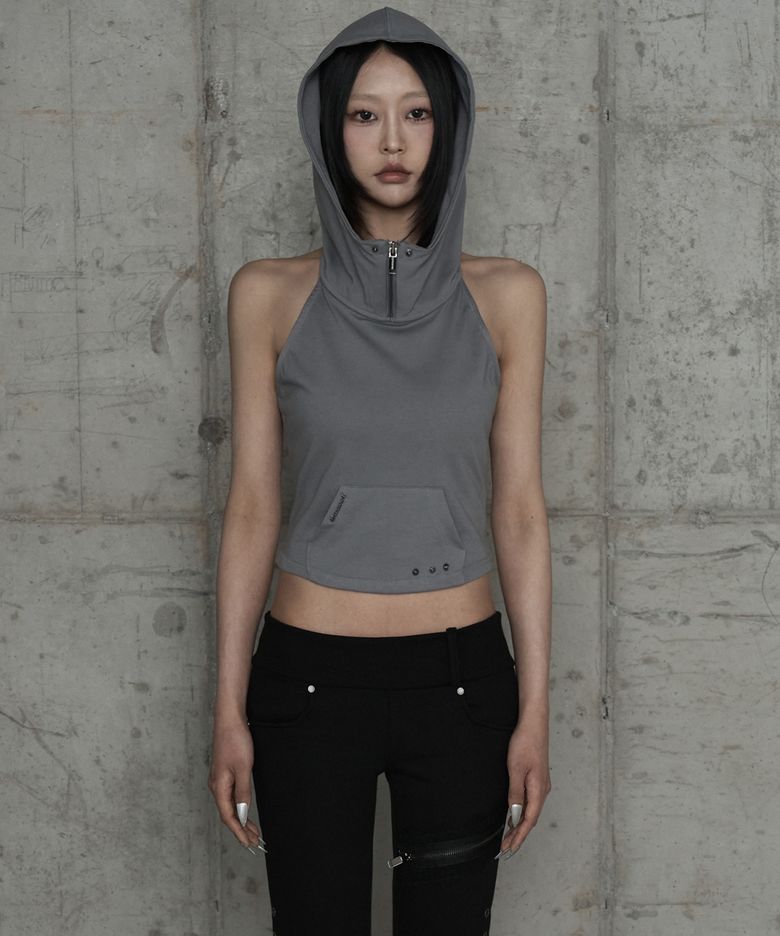 Zipper Halter Turtleneck Point Pocket Hoodie (Gray)