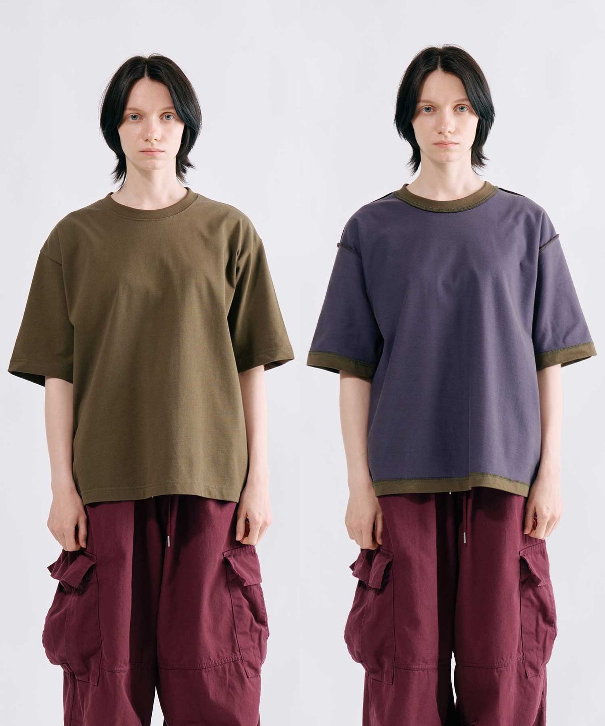 스미스아머(SMITHARMOR) [UNISEX] 뮤르덴 리버시블 투페이스 세미크롭 티셔츠_카키 퍼플