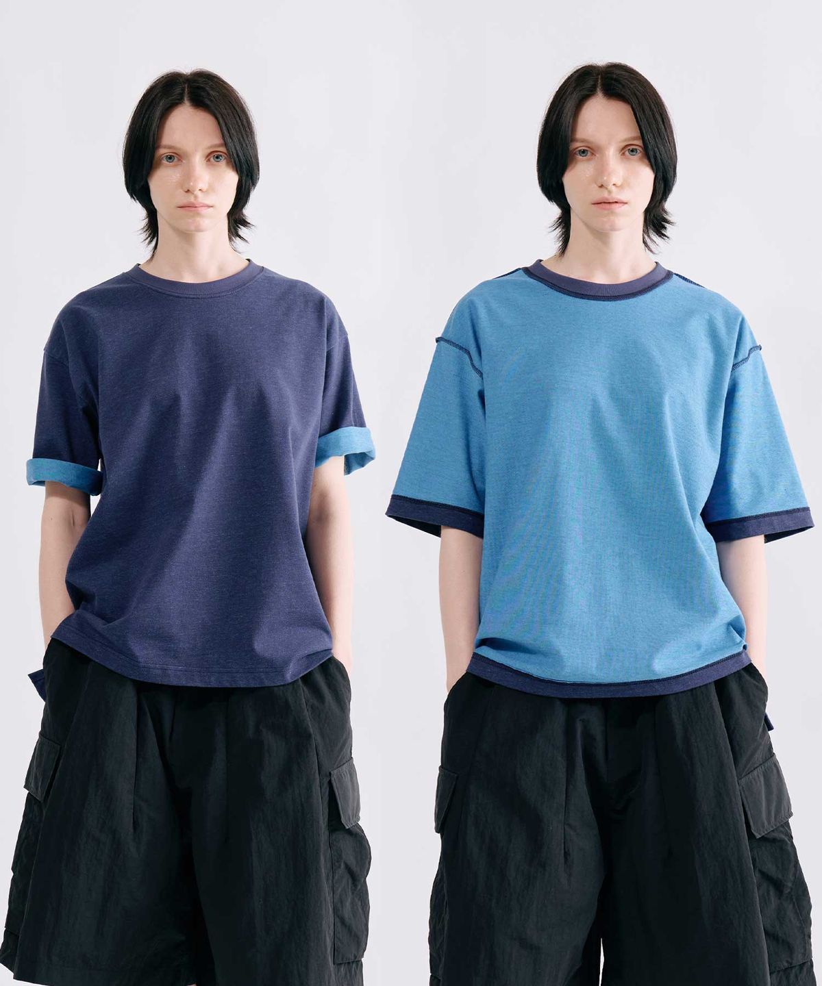 스미스아머(SMITHARMOR) [UNISEX] 뮤르덴 리버시블 투페이스 세미크롭 티셔츠_네이비 블루