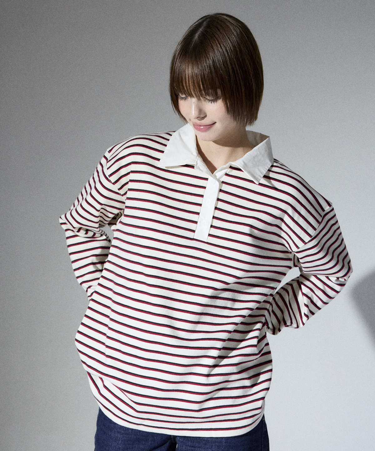 알리에나(ALIENAR) Stripe shirt collared long-sleeve(WH)