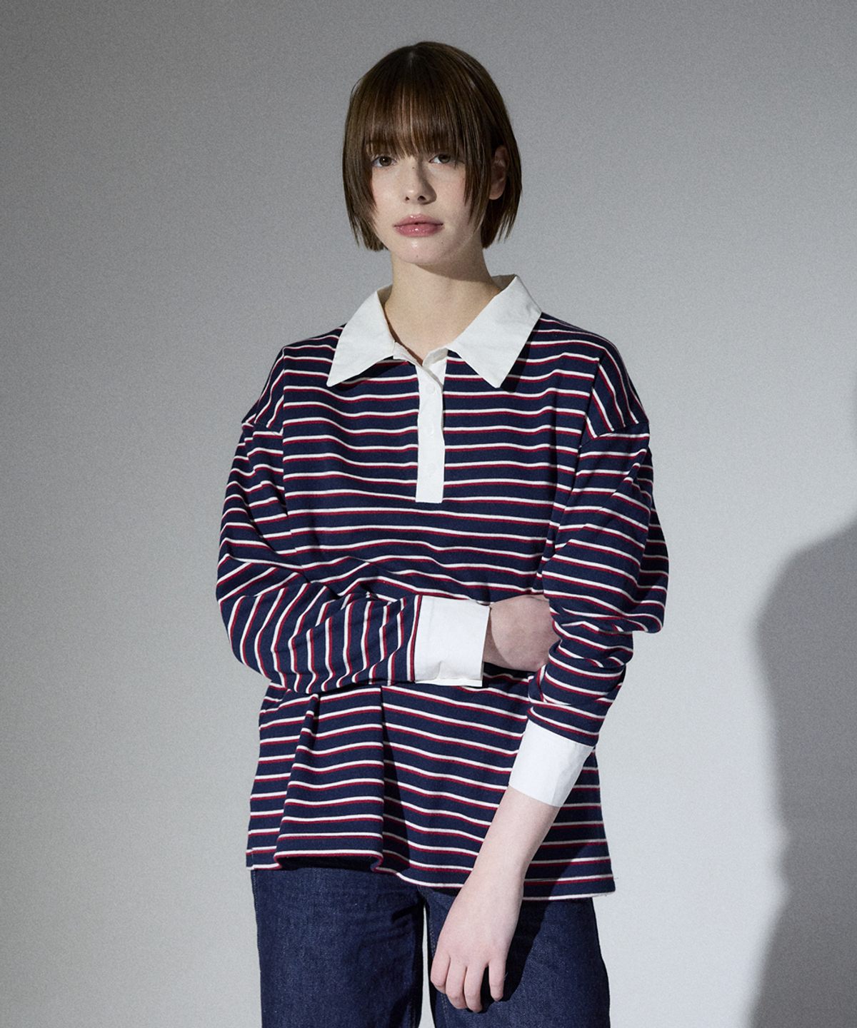 알리에나(ALIENAR) Stripe shirt collared long-sleeve(NV)