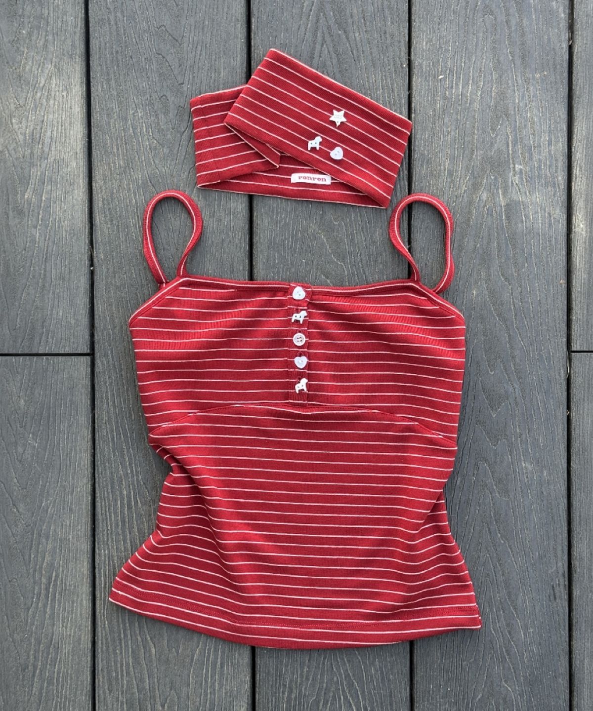 론론(RONRON) HEADBAND SET PONY BUTTON STRIPE SLEEVELESS RED