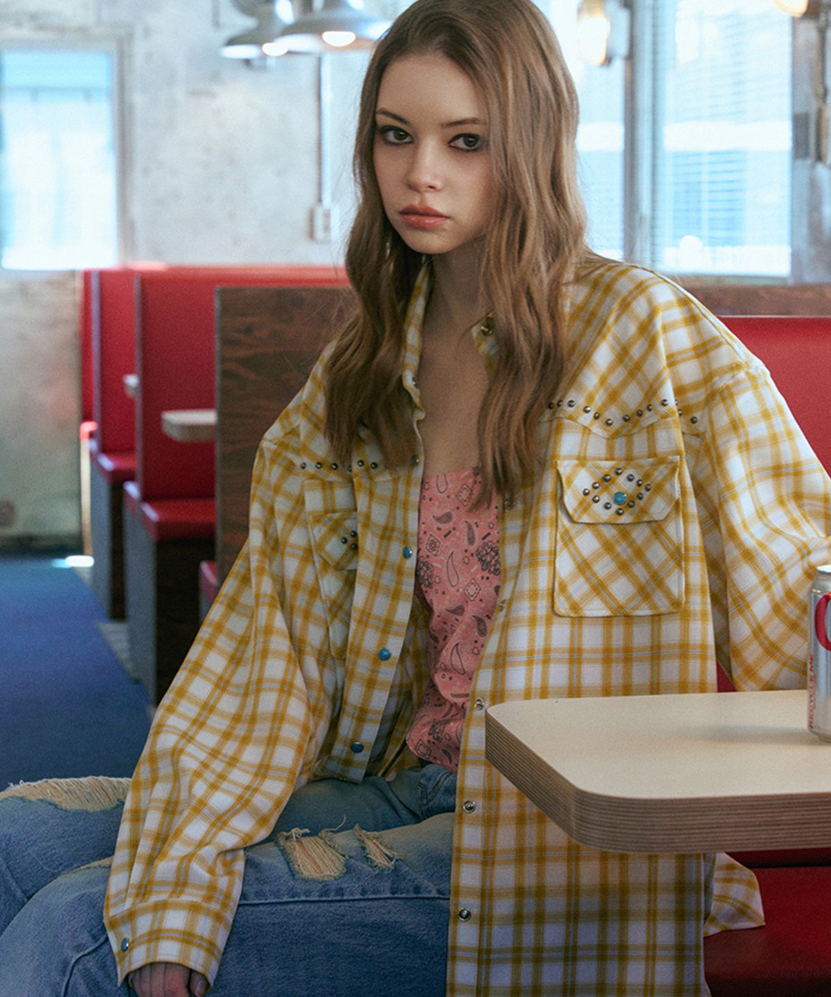 에르에르(ERER) Oversized Sheer Studded Check Shirt Yellow