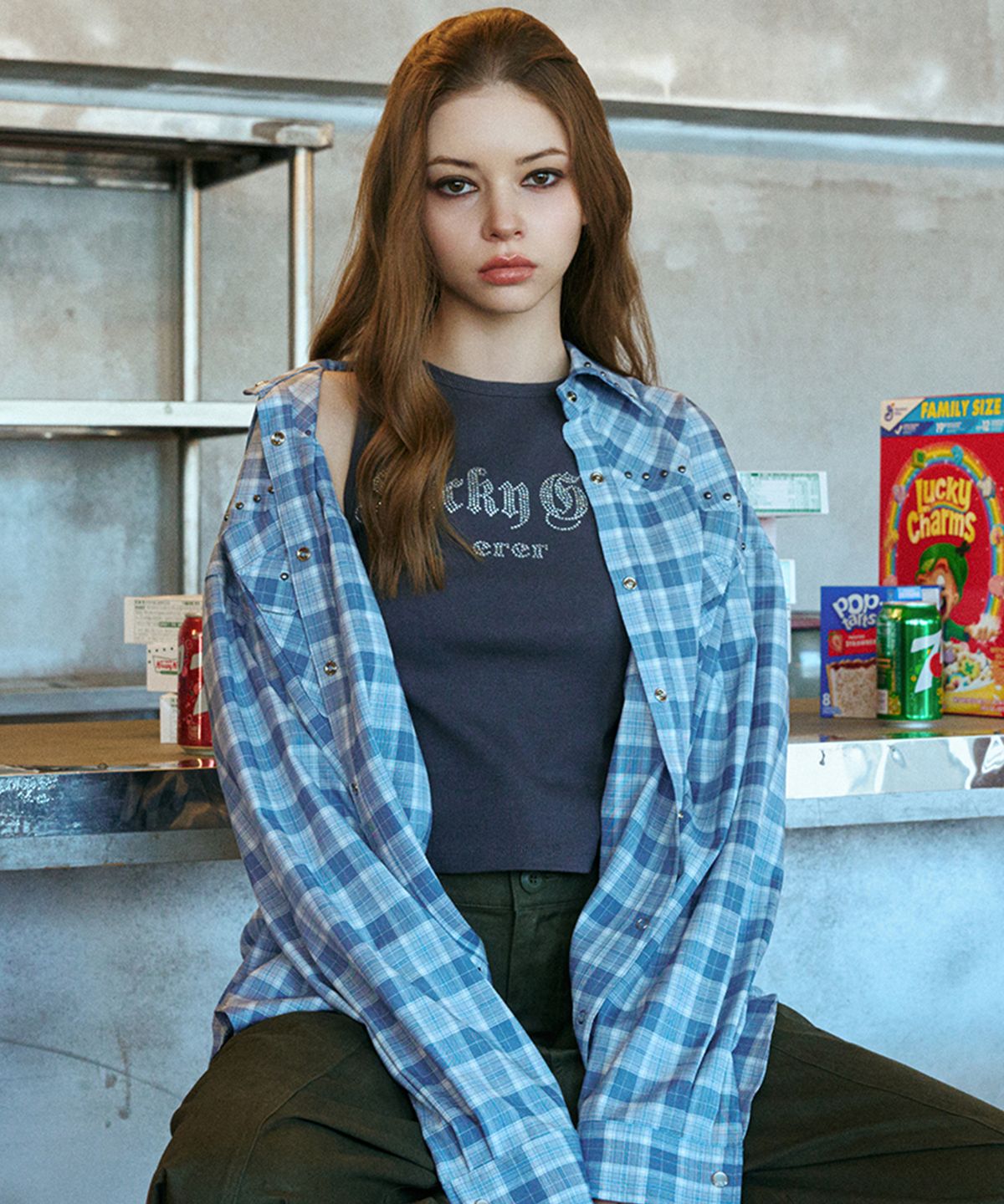 에르에르(ERER) Oversized Sheer Studded Check Shirt Blue