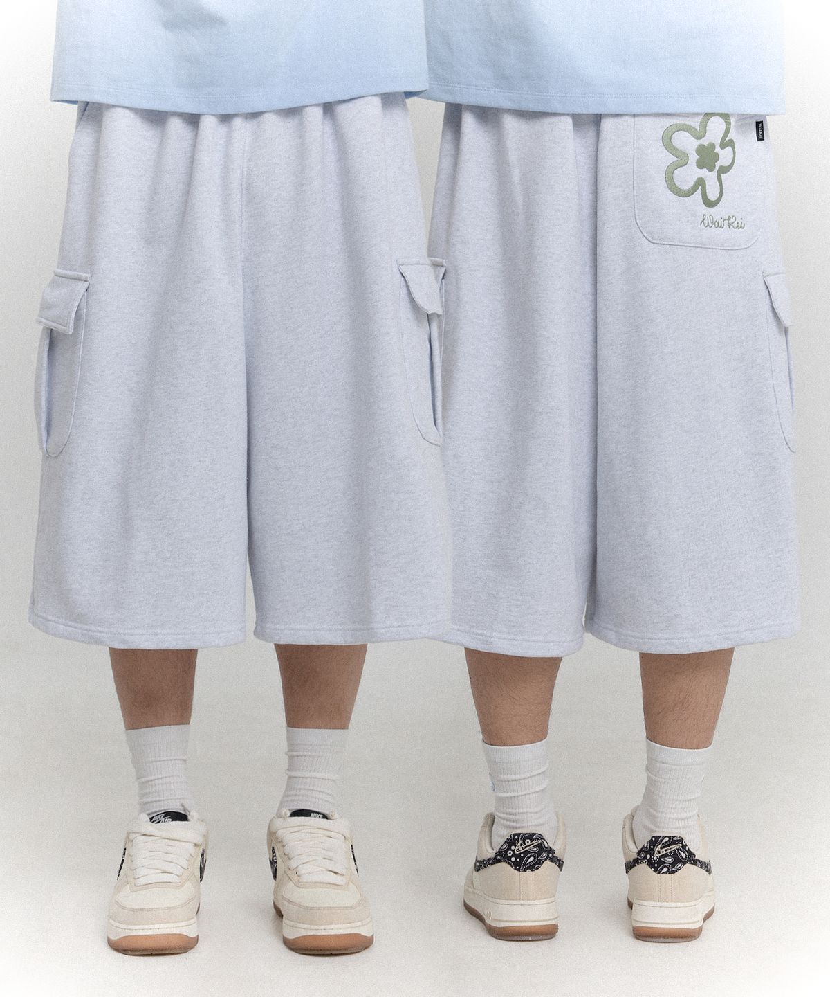 와이케이(WAIKEI) 카고 버뮤다 스웨트팬츠 멜란지화이트