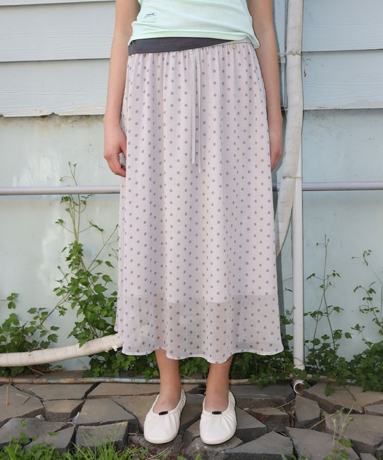SHEER PATTERN STRING LONG SKIRT DOT GREY