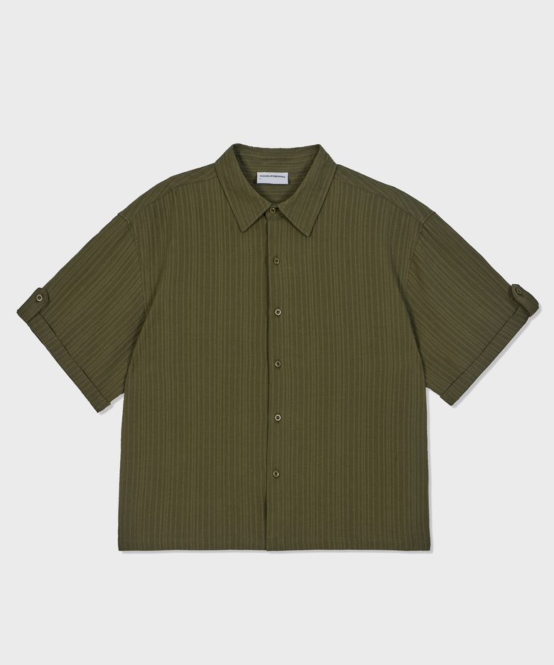 [unisex] 롤업 시어서커 크롭 셔츠 카키