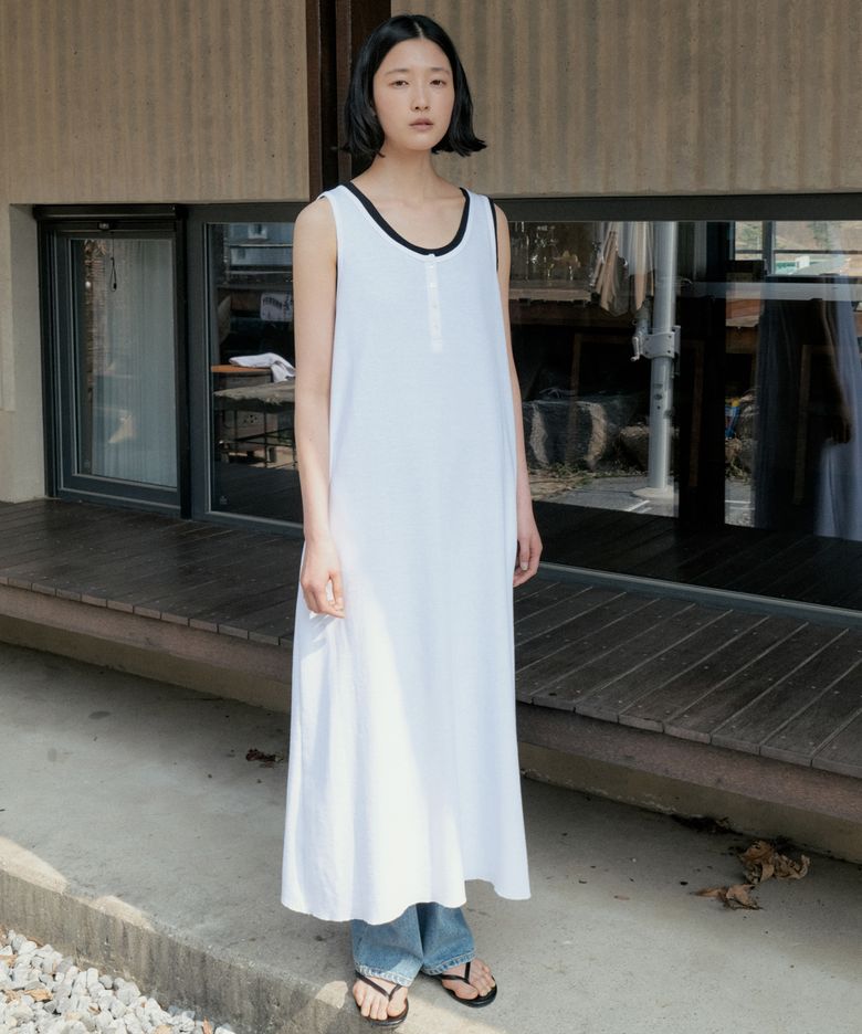 Waffle Jersey Henley Sleeveless Dress_WHITE