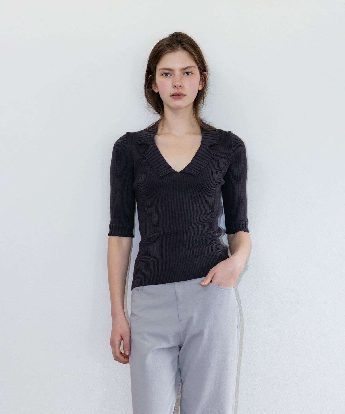 더 릴(THE LILLE) Double Collar Knit_Charcoal