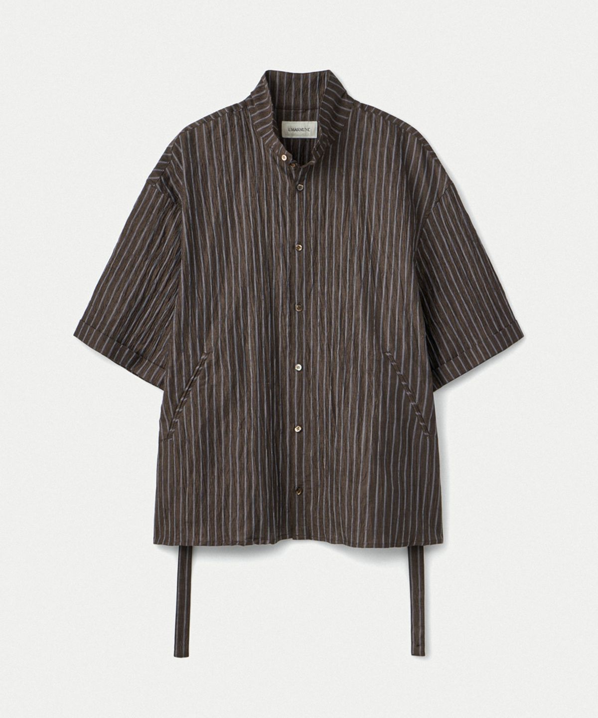 우마뭉(UMARMUNG) Japanese Crinkled Linen Convertible Collared Shirts_Walnut