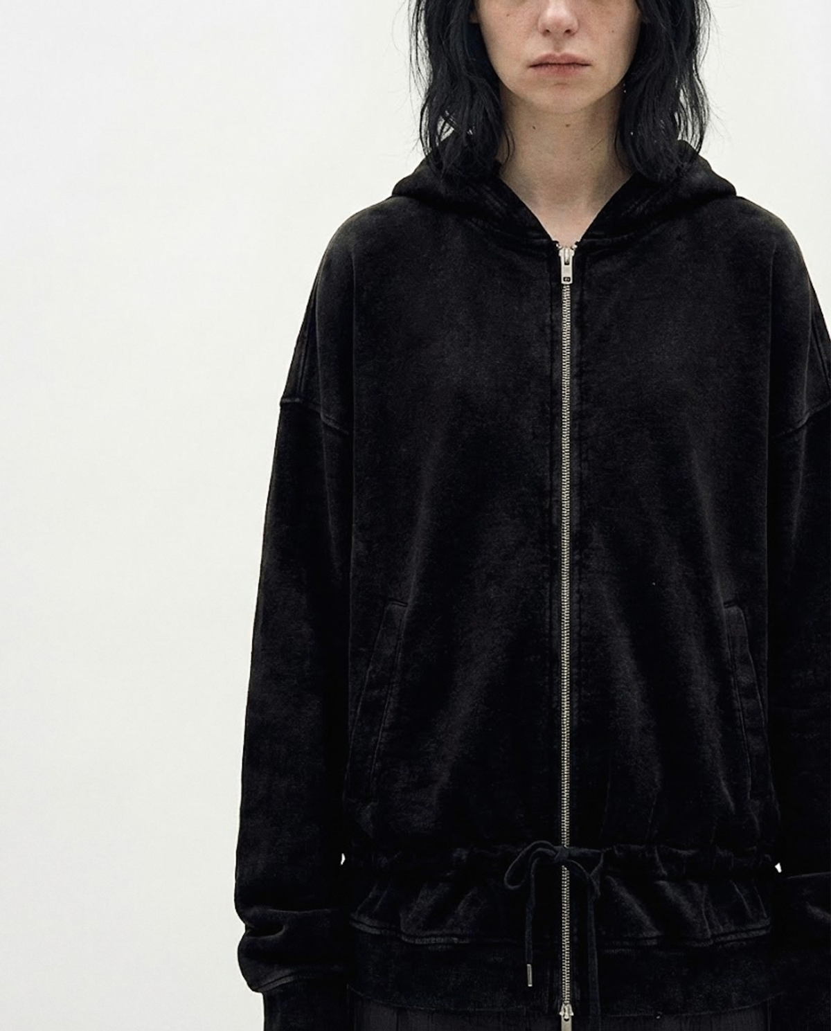 요키토키(YOKI TOKI) DOUBLE HEM DRAWSTRING HOODIE ZIP-UP [Black]