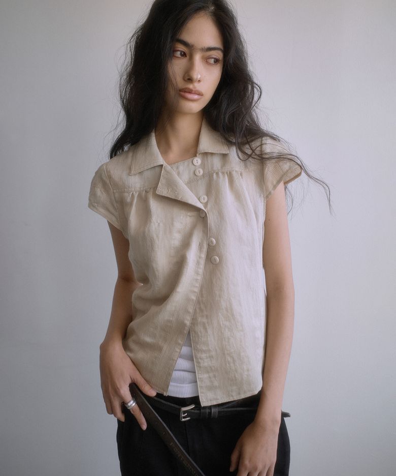 WRAP BUTTON CAP SLEEVE BLOUSE-BEIGE