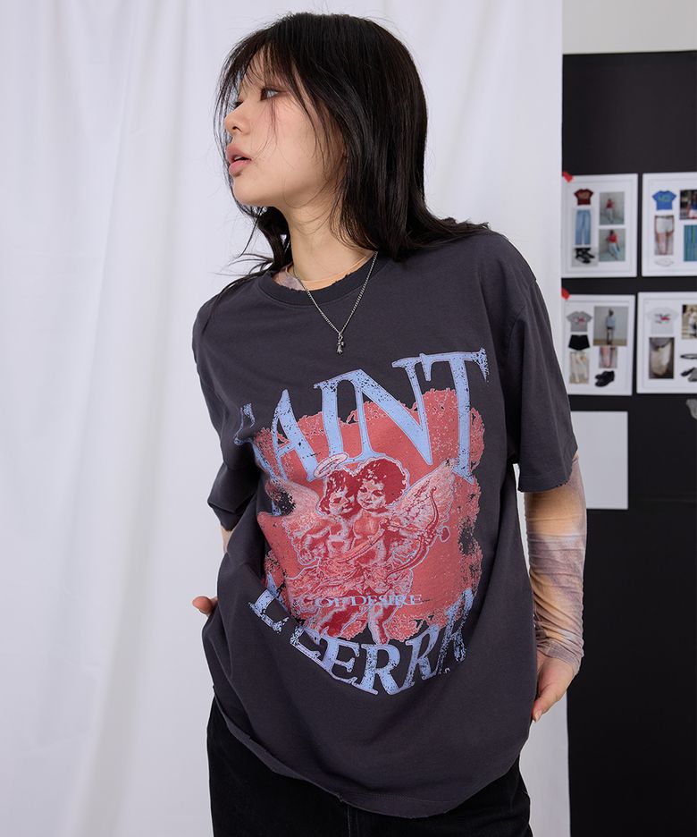 Saint cupid artwork overfit damaged washing t-shirt (Charcoal)