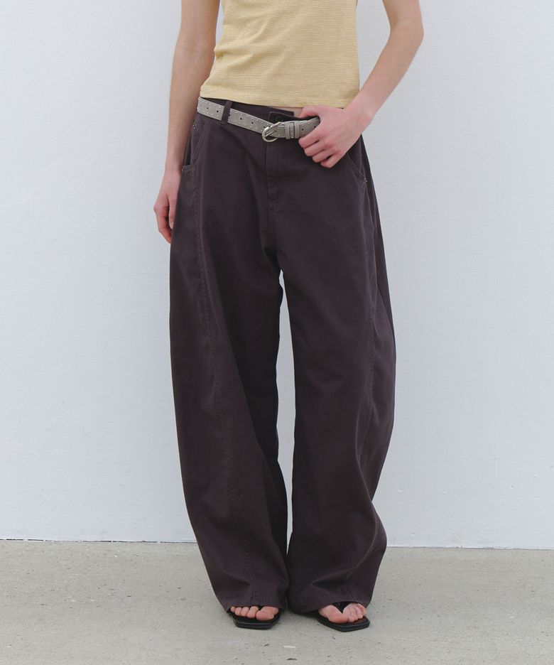 Volume Curved Wide Cotton Pants - brown