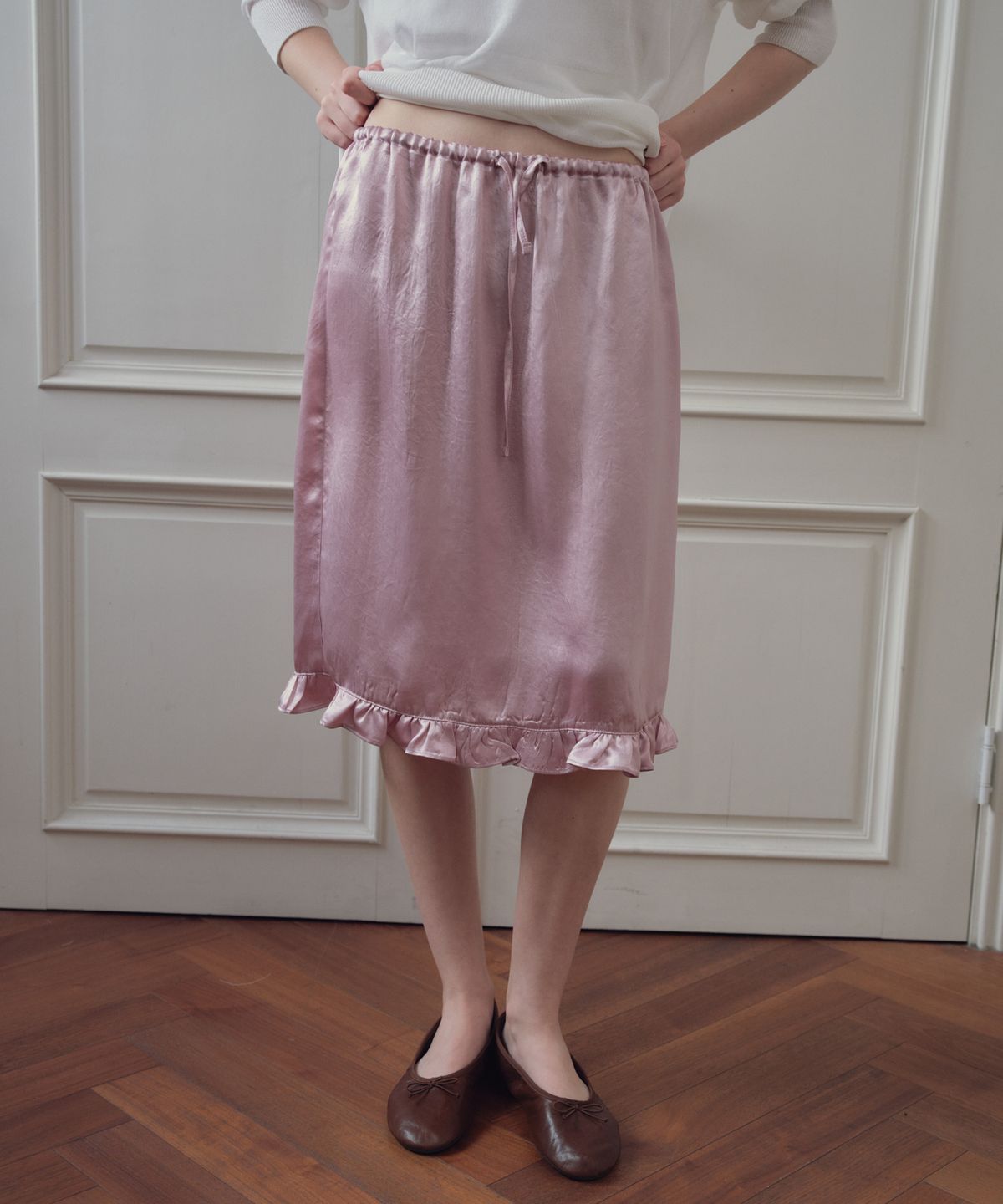 씨타(CITTA) Frill Detail Satin Midi Skirt_CTS630(Pink)
