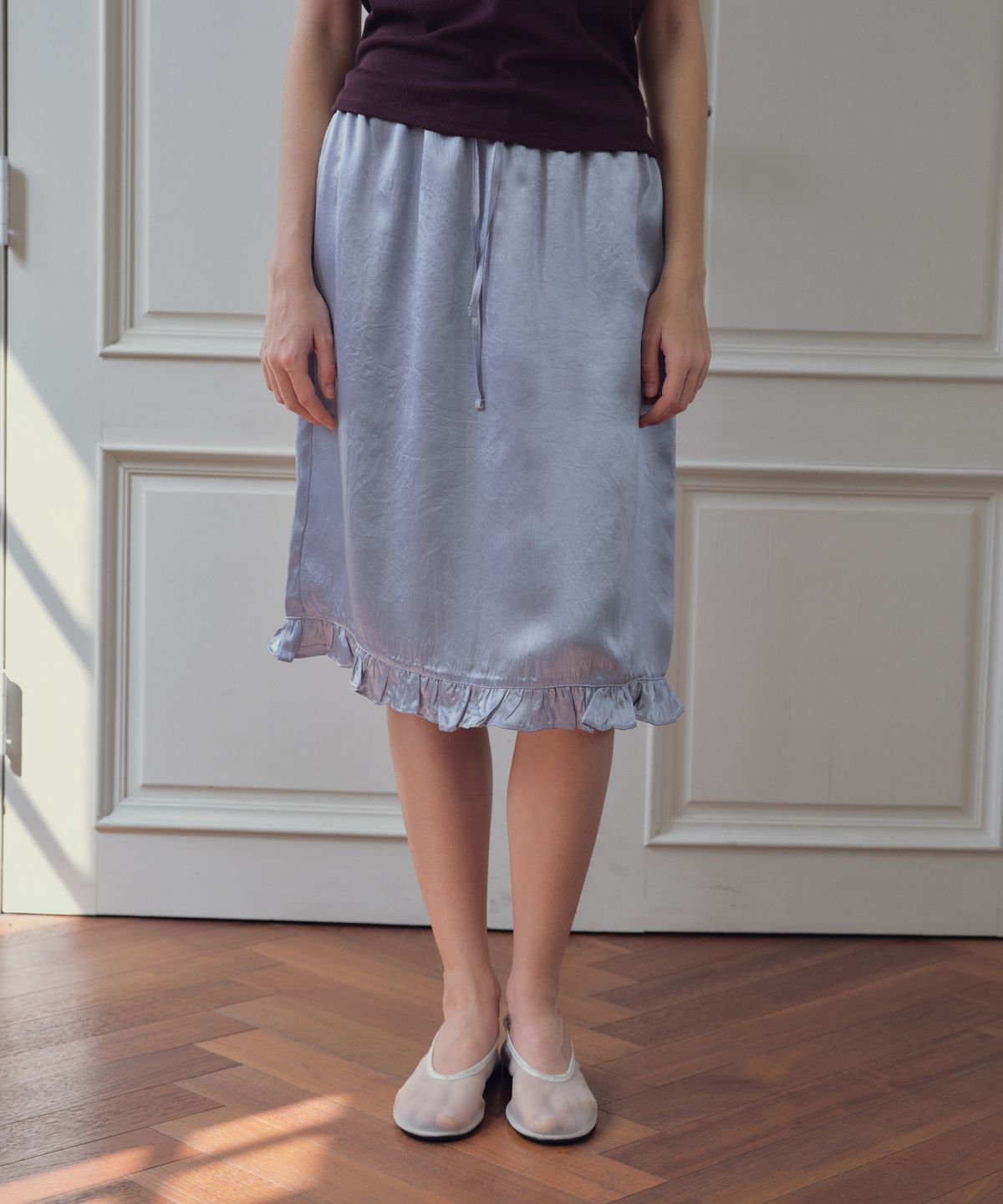 씨타(CITTA) Frill Detail Satin Midi Skirt_CTS630(Blue)
