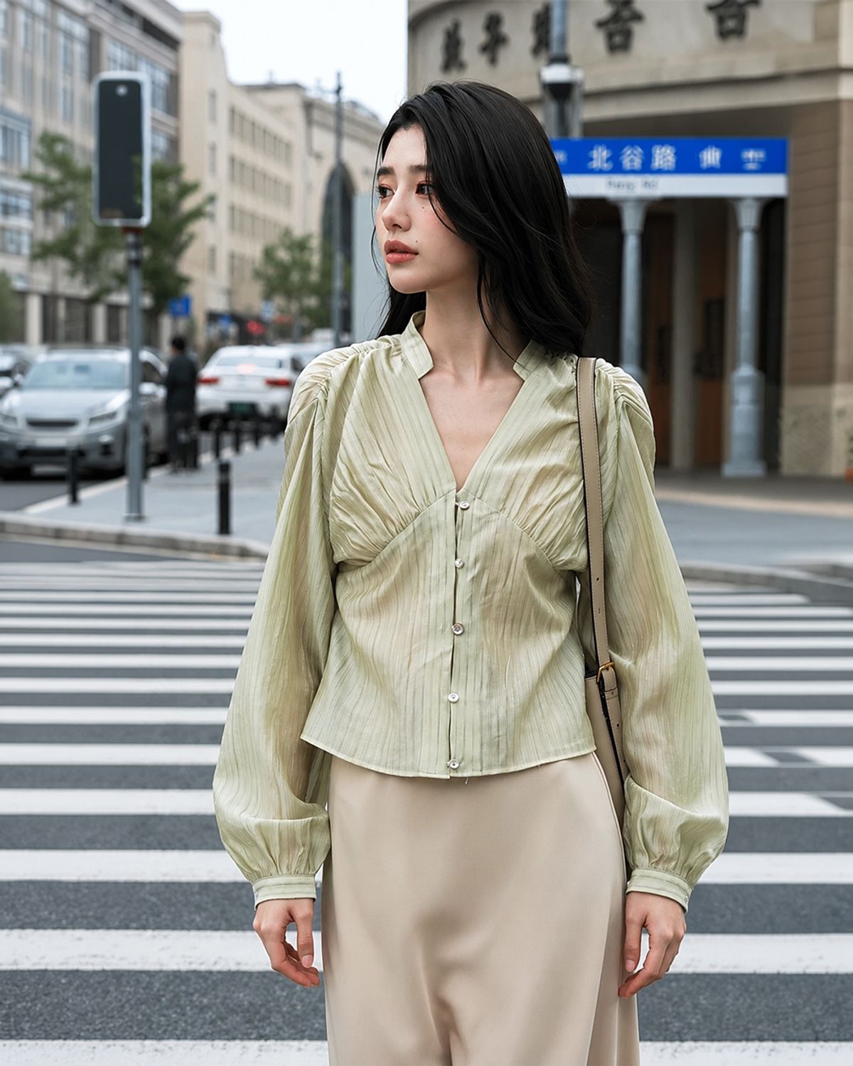 320쇼룸(320SHOWROOM) Shirred Texture Stripe Blouse Green