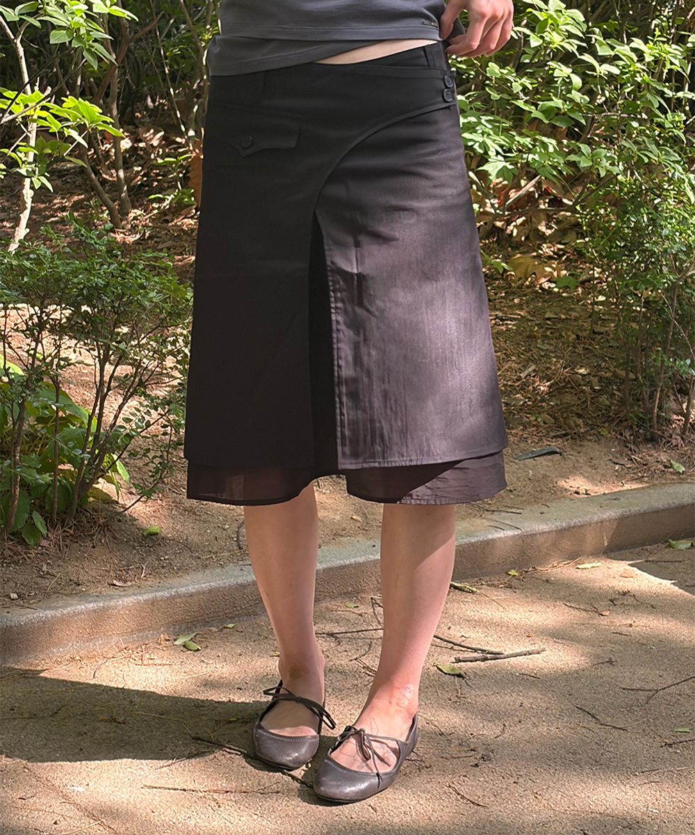 MUSINSA公式 | MISEKI SEOUL Side sheer layered midi wrap skirt BLACK