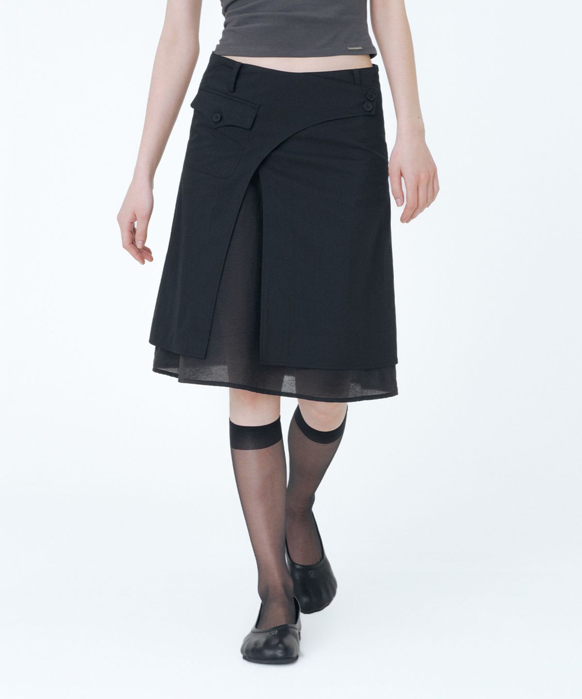 미세키서울(MISEKI SEOUL) Side sheer layered midi wrap skirt BLACK