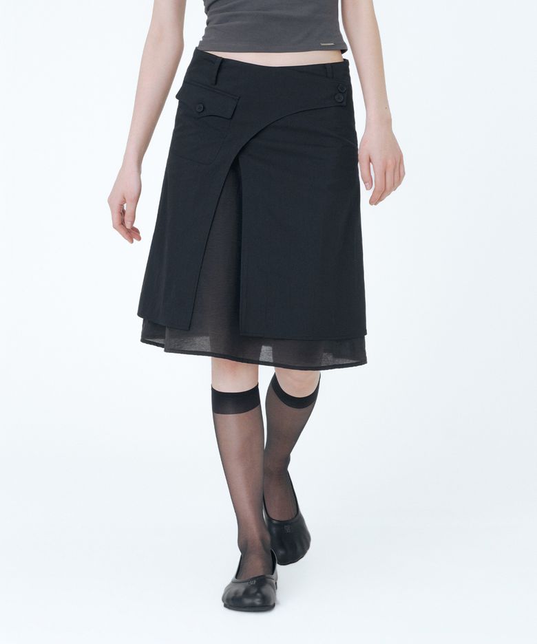 Side sheer layered midi wrap skirt BLACK