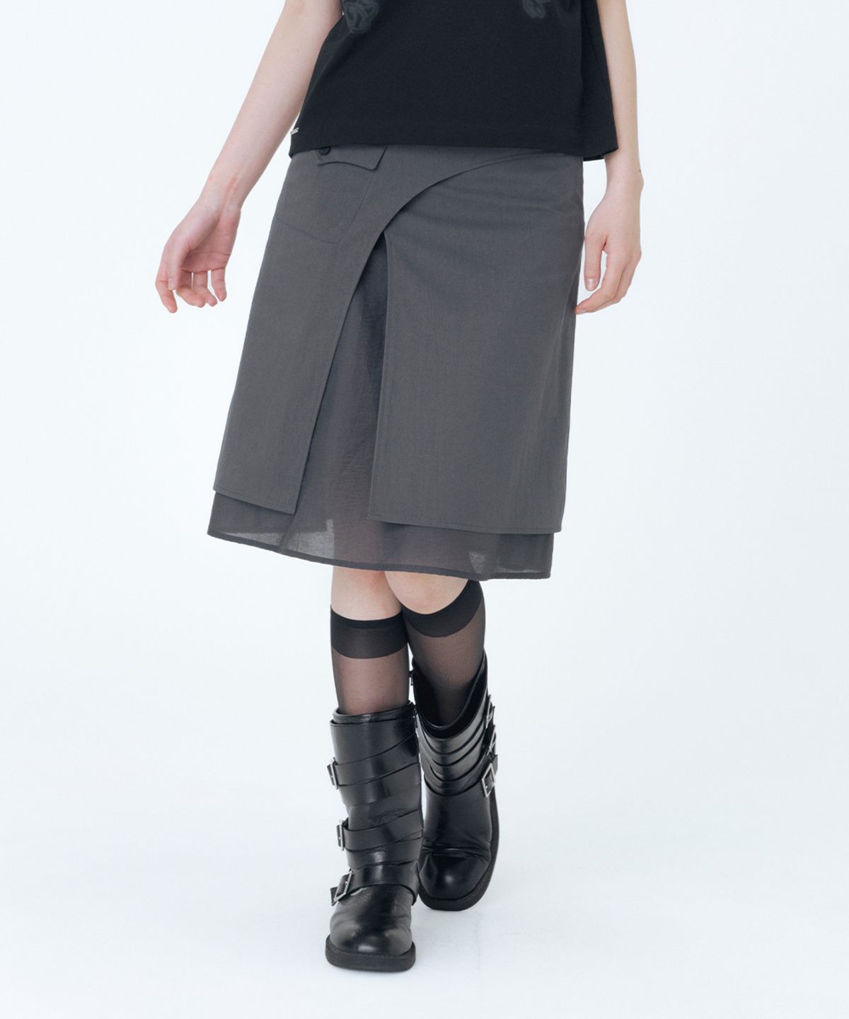 미세키서울(MISEKI SEOUL) Side sheer layered midi wrap skirt CHARCOAL